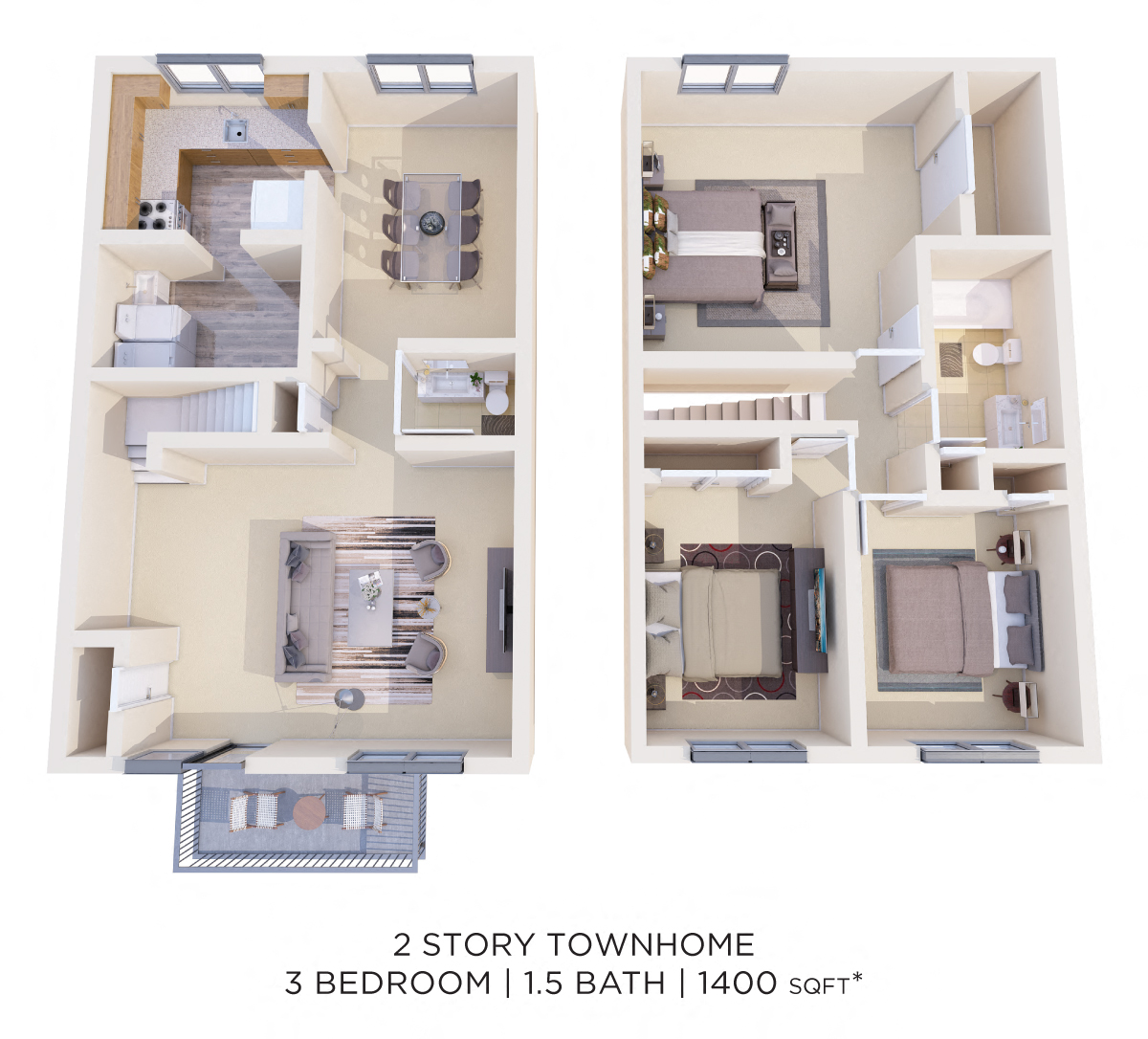 Floor plan for 3 beds, 1.5 baths, 1400 sqft