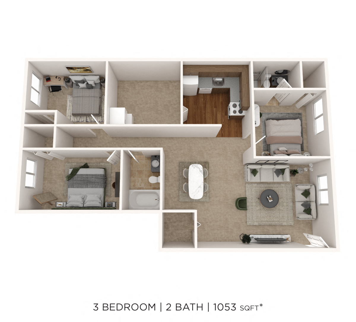 Floor plan for 3 beds, 2 baths, 1053 sqft