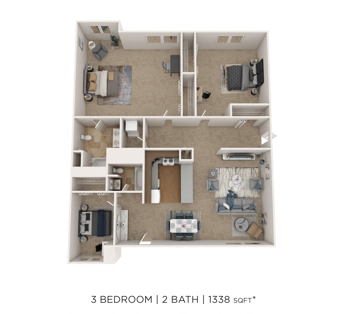 Floor plan for 3 beds, 2 baths, 1338 sqft