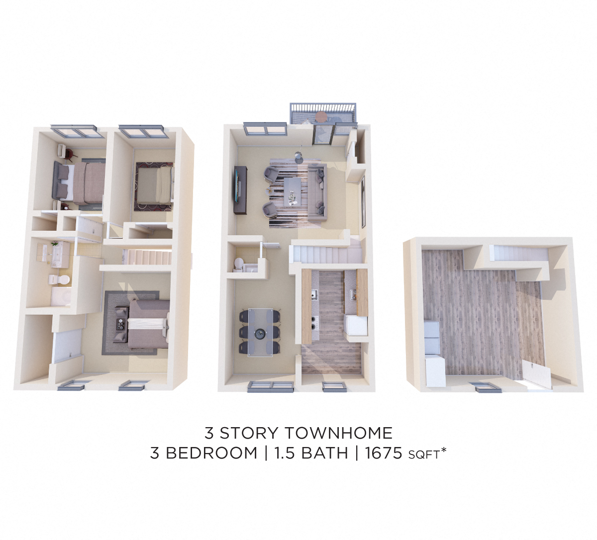 Floor plan for 3 beds, 1.5 baths, 1675 sqft