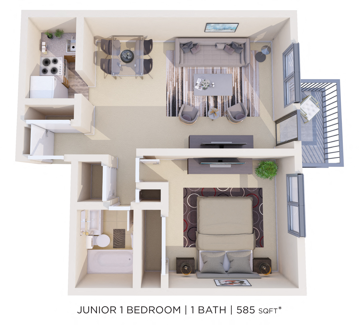Floor plan for 1 bed, 1 bath, 585 sqft