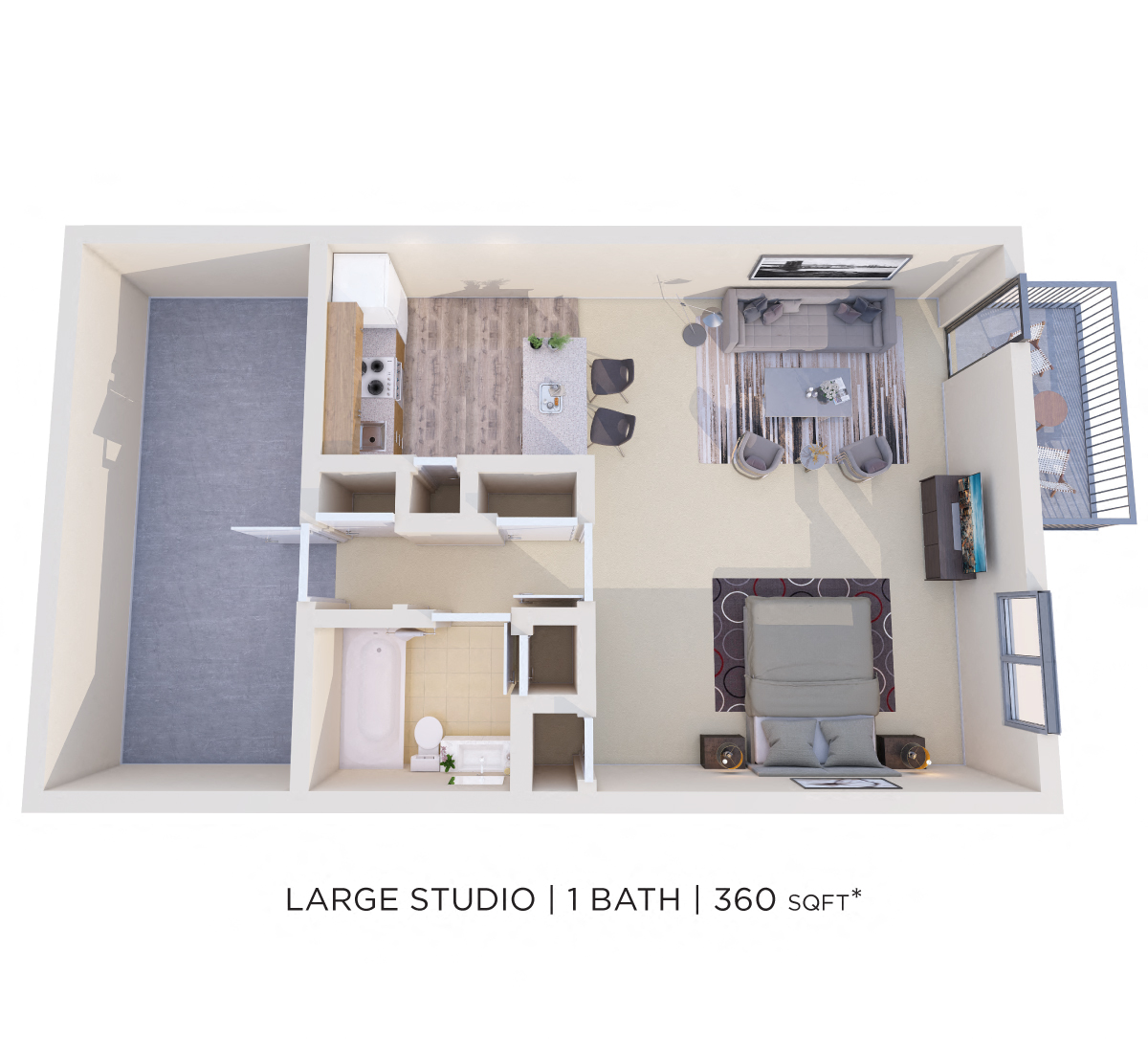 Floor plan for studio, 1 bath, 360 sqft