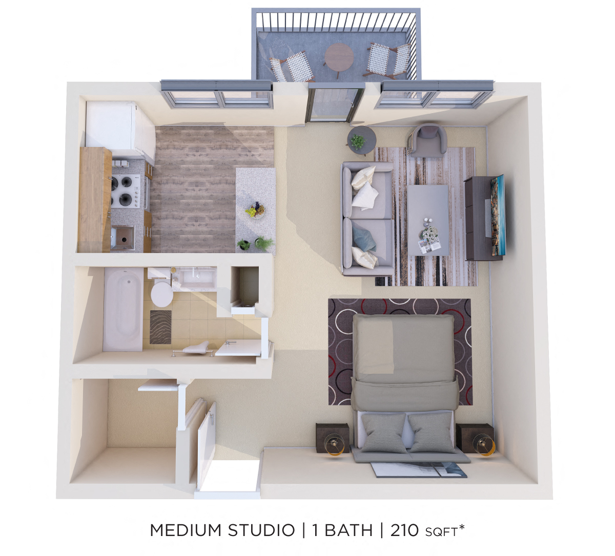 Floor plan for studio, 1 bath, 210 sqft