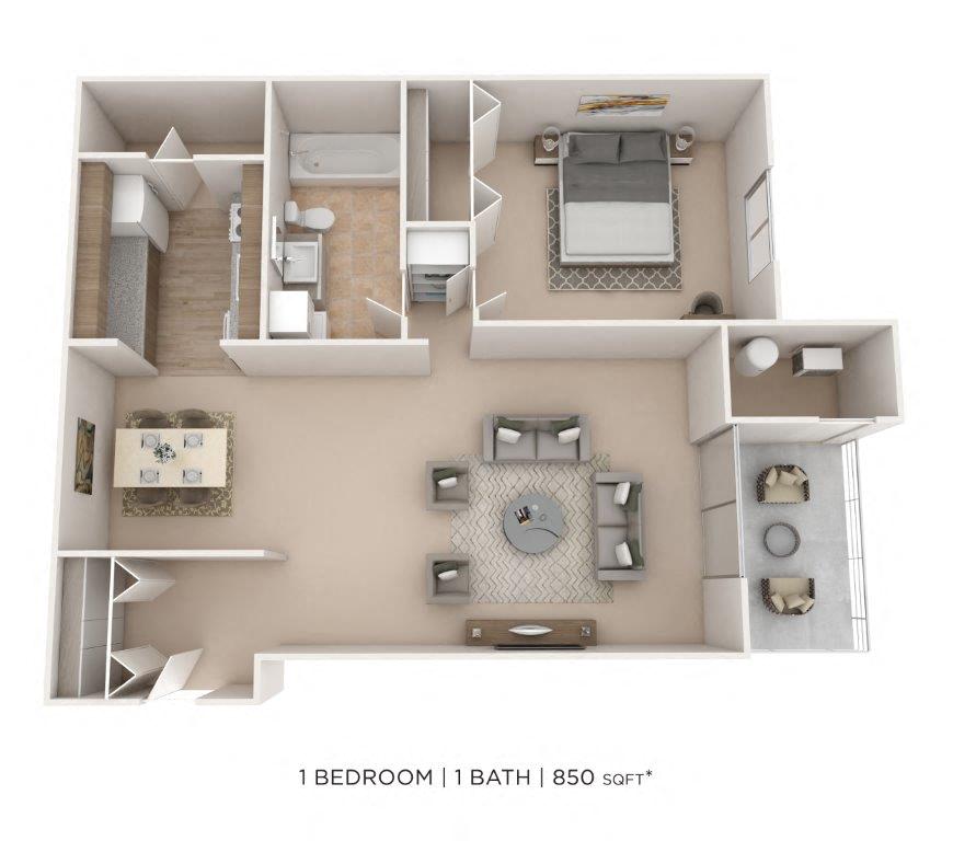 Floor plan for 1 bed, 1 bath, 850 sqft