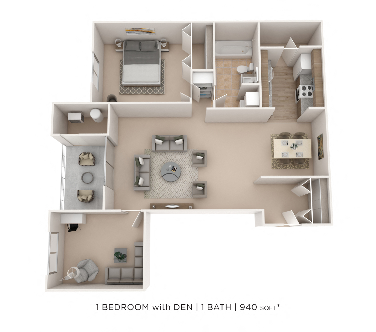 Floor plan for 1 bed, 1 bath, 940 sqft