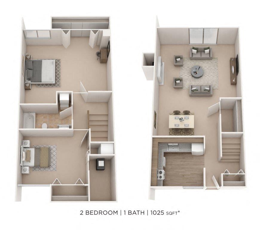 Floor plan for 2 beds, 1 bath, 1025 sqft