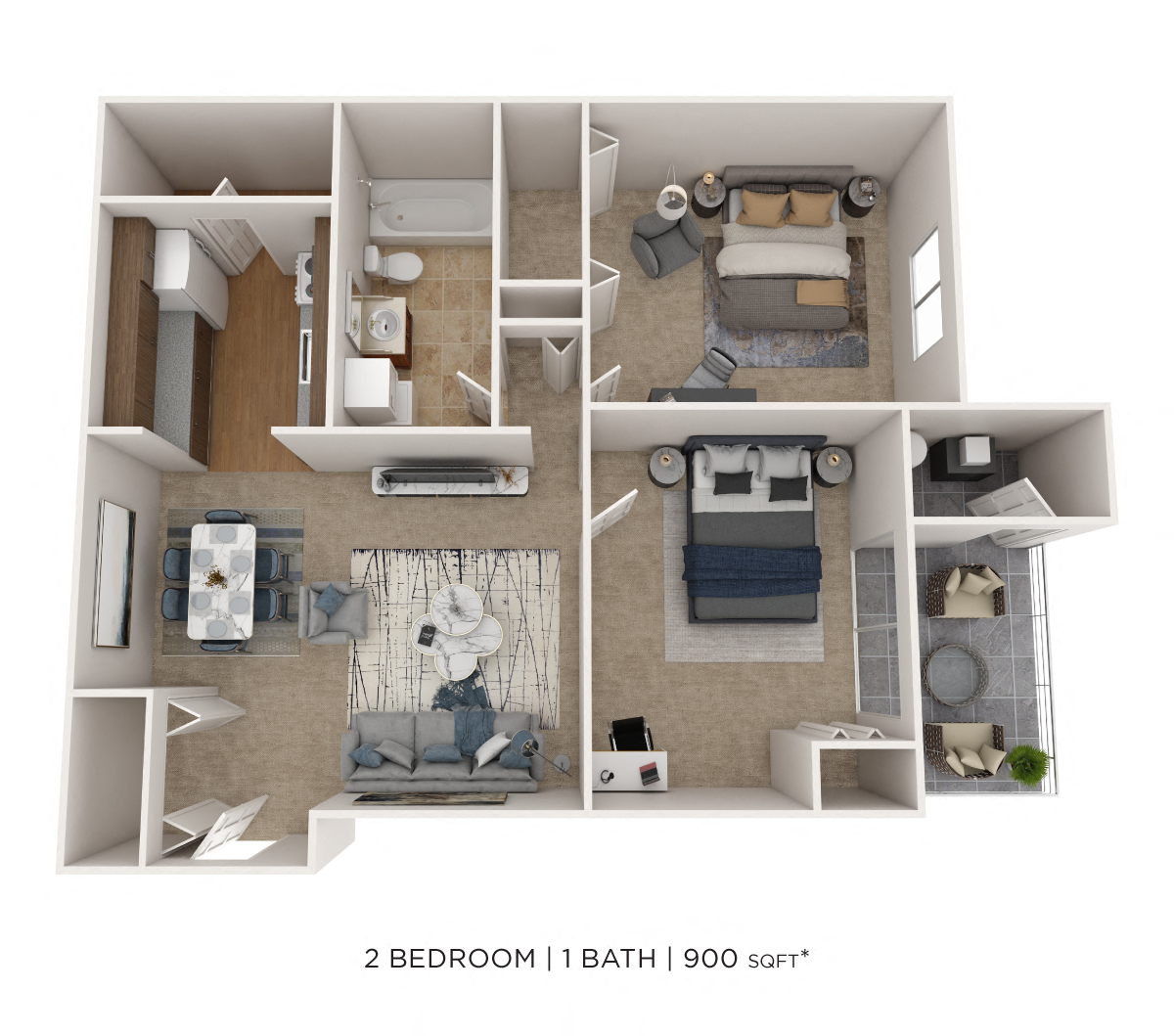 Floor plan for 2 beds, 1 bath, 900 sqft