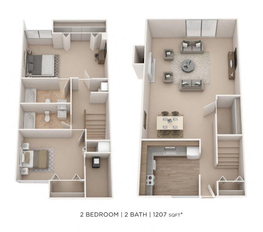 Floor plan for 2 beds, 2 baths, 1207 sqft
