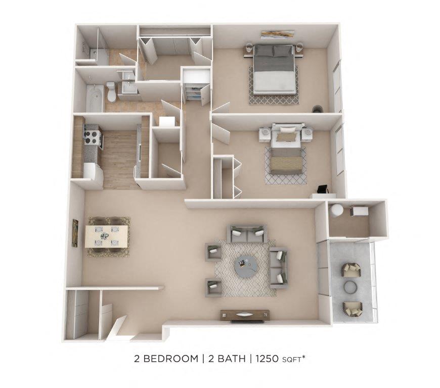 Floor plan for 2 beds, 2 baths, 1265 sqft