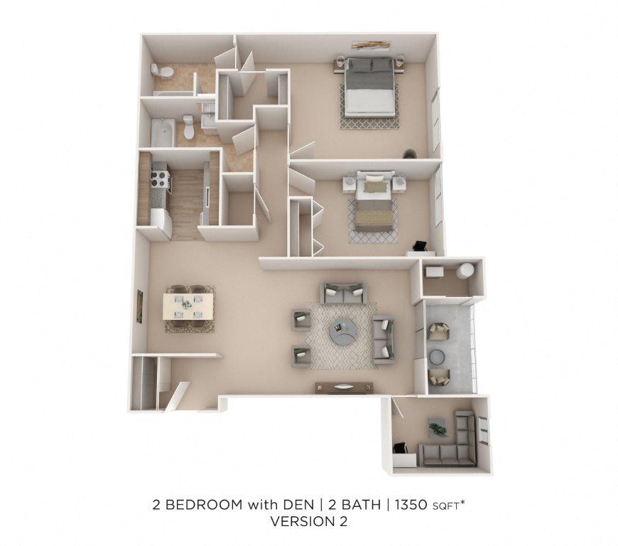 Floor plan for 2 beds, 2 baths, 1350 sqft