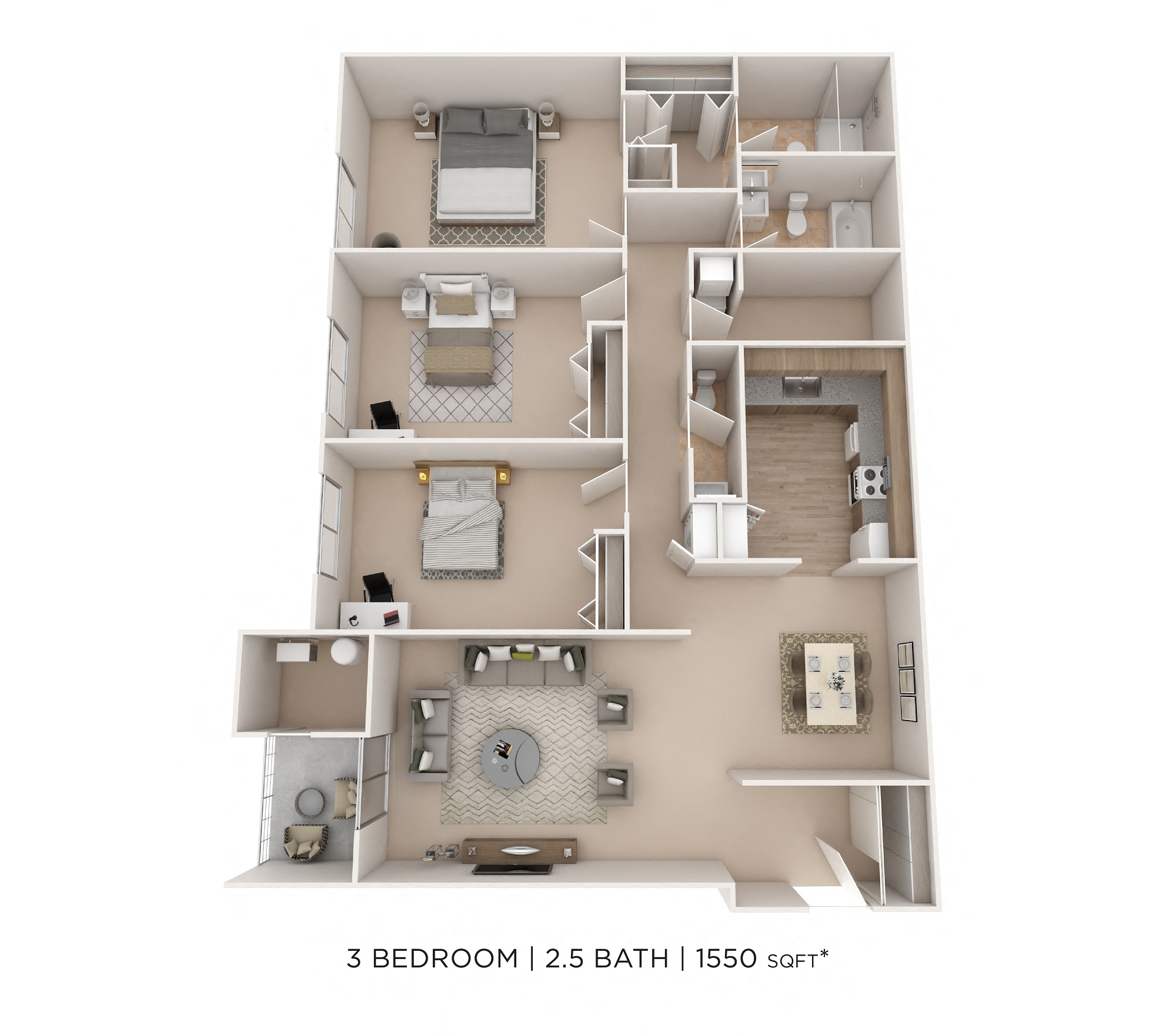 Floor plan for 3 beds, 2.5 baths, 1550 sqft