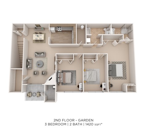 Floor plan for 3 beds, 2 baths, 1420 sqft