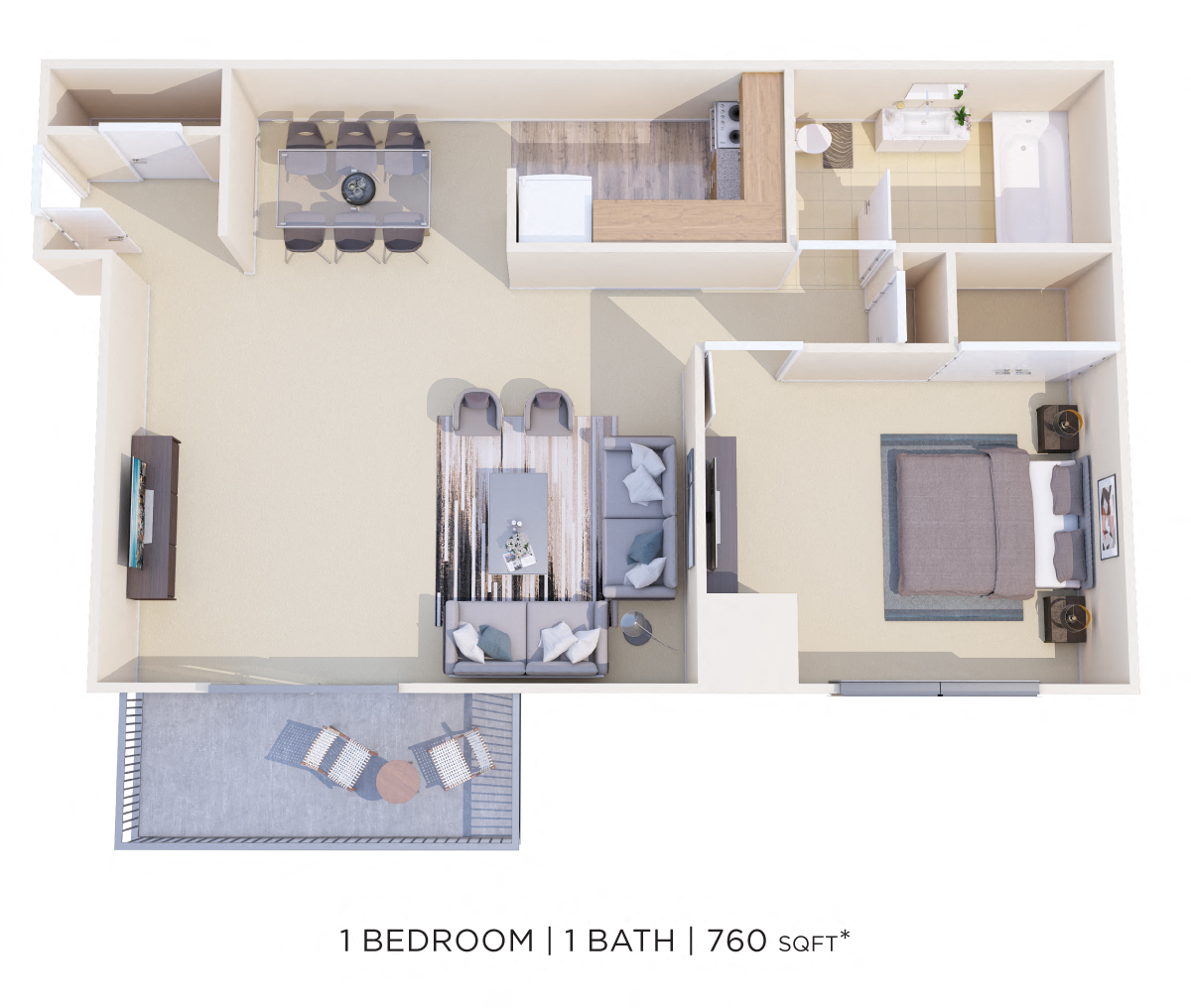 Floor plan for 1 bed, 1 bath, 760 sqft