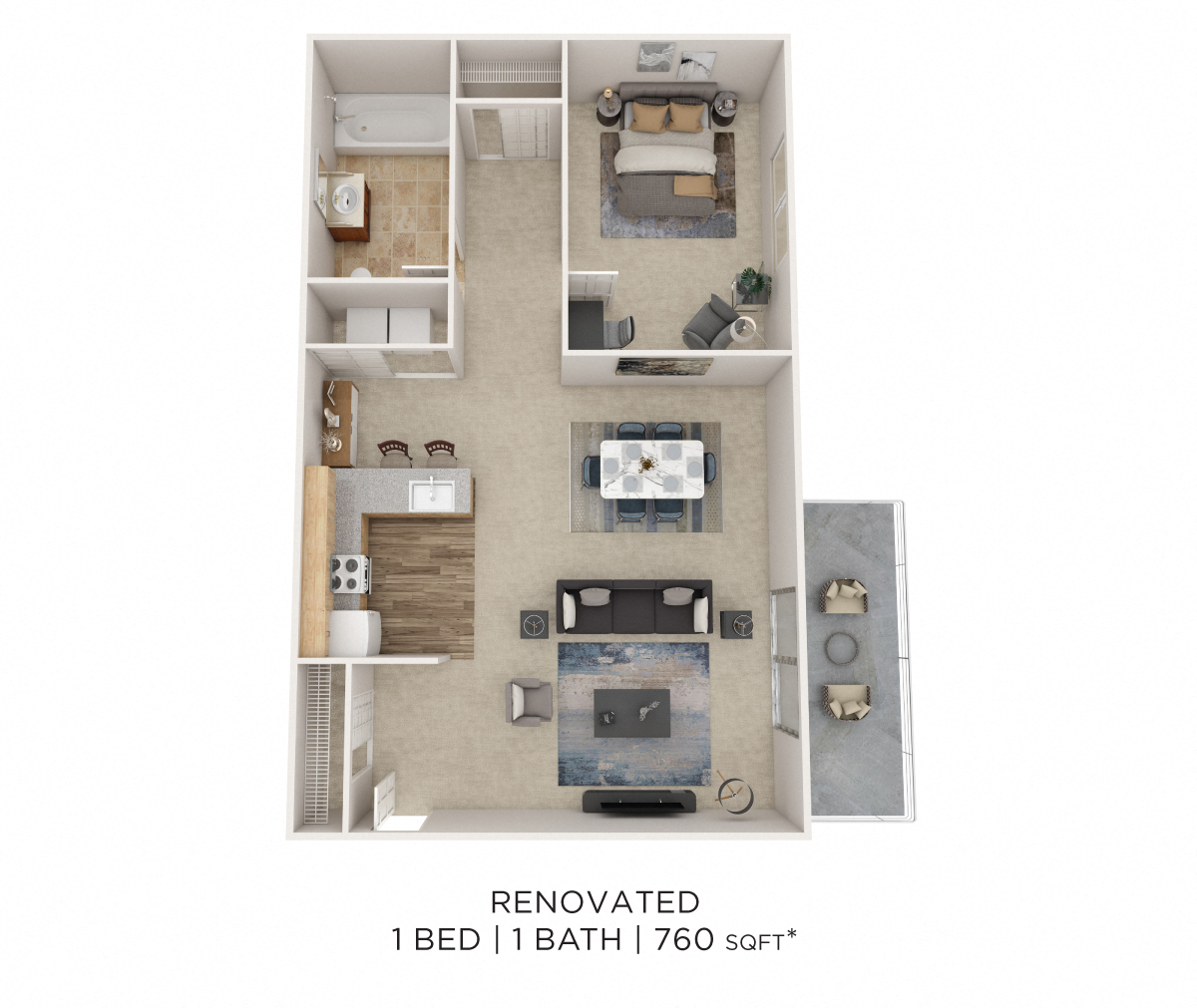 Floor plan for 1 bed, 1 bath, 760 sqft
