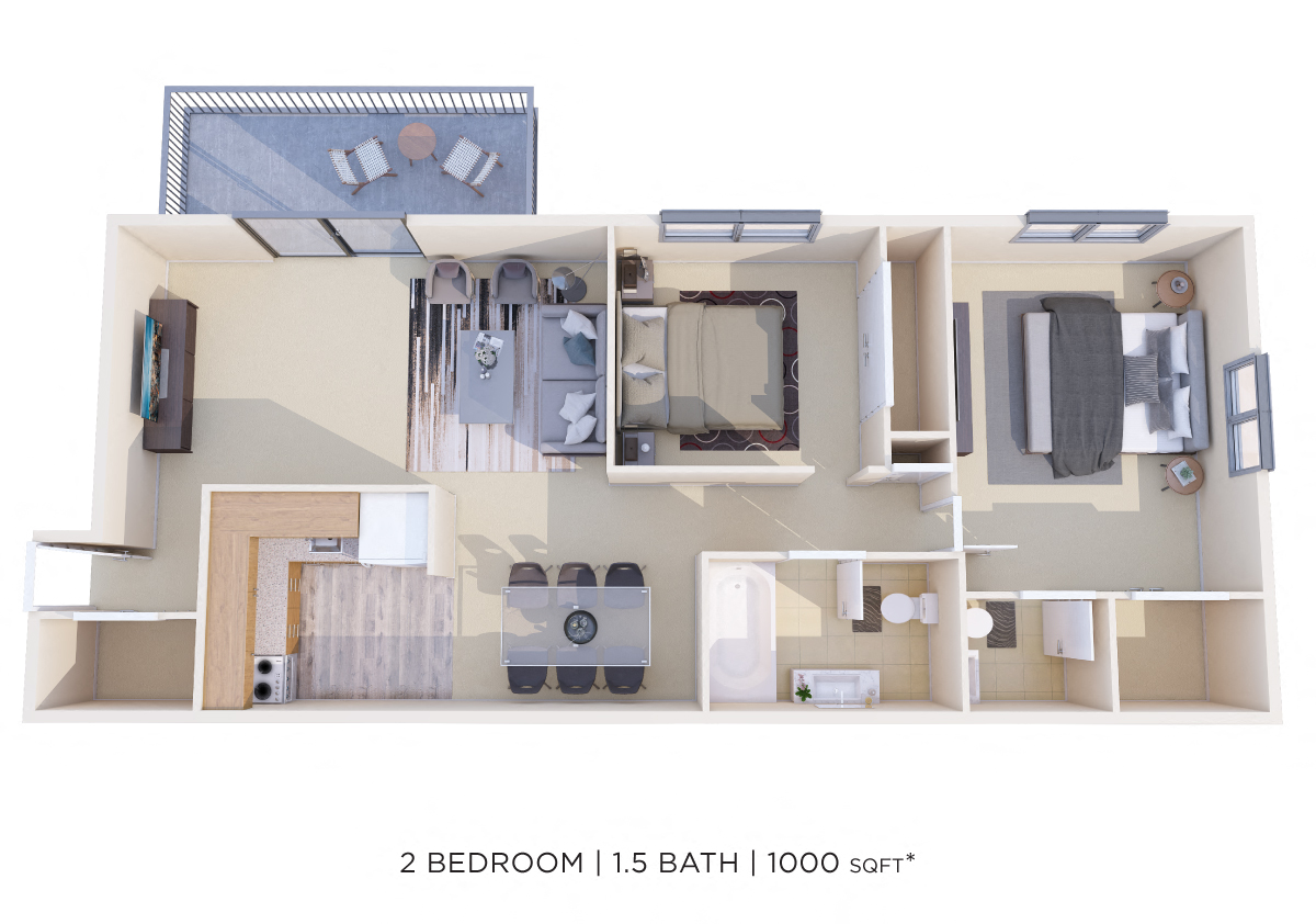 Floor plan for 2 beds, 1.5 baths, 1000 sqft