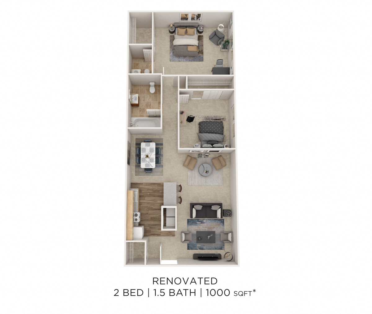Floor plan for 2 beds, 1.5 baths, 1000 sqft
