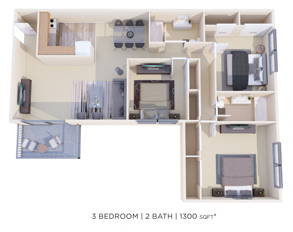 Floor plan for 3 beds, 2 baths, 1300 sqft