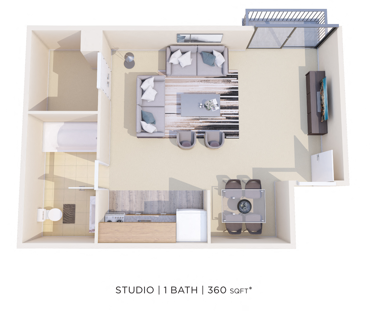 Floor plan for studio, 1 bath, 360 sqft