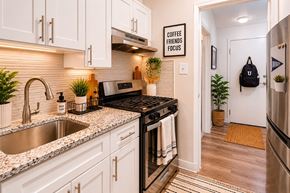 Baltimore apartment for rent - A kitchen with a black stove top oven and a sink with a silver faucet.