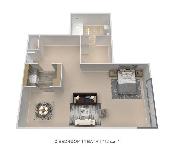 Floor plan for studio, 1 bath, 463 sqft