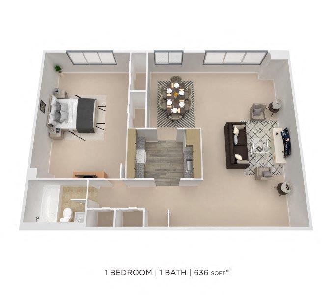 Floor plan for 1 bed, 1 bath, 716 sqft