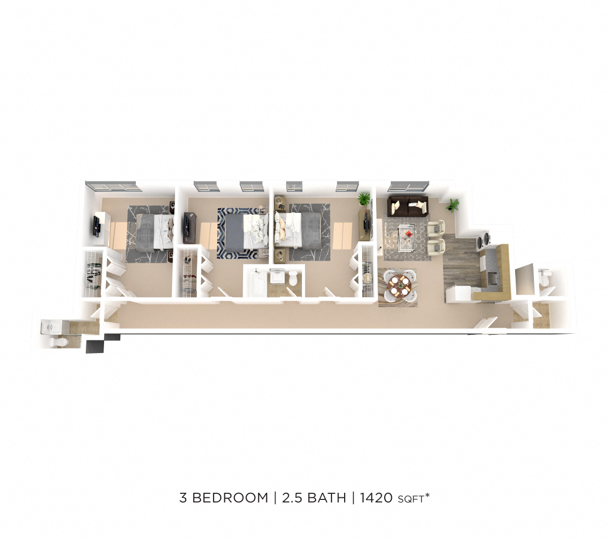 Floor plan for 3 beds, 2.5 baths, 1420 sqft