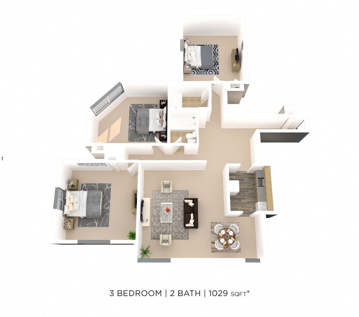 Floor plan for 3 beds, 1 bath, 1029 sqft