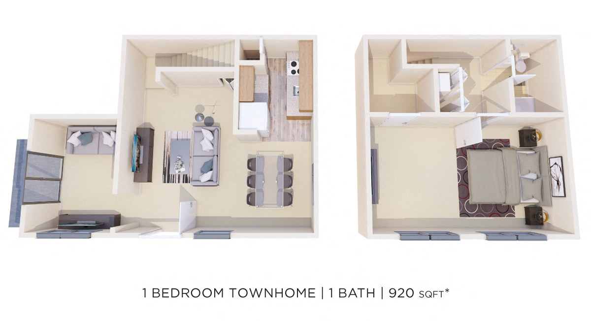 Floor plan for 1 bed, 1 bath, 920 sqft