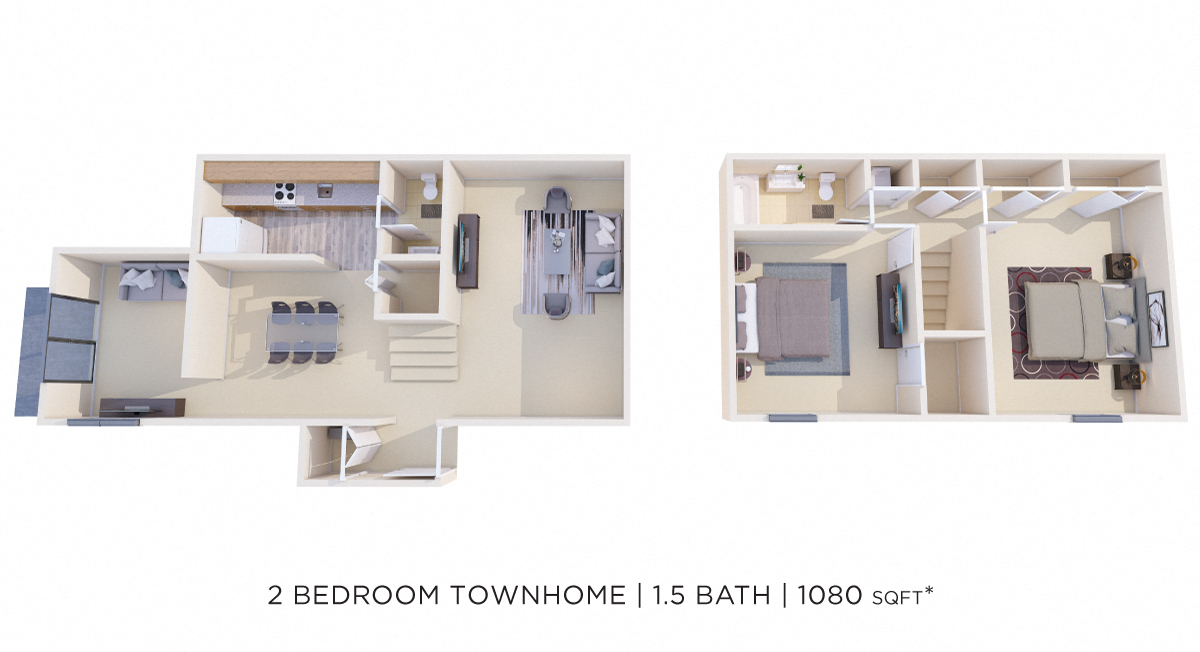 Floor plan for 2 beds, 1.5 baths, 1080 sqft