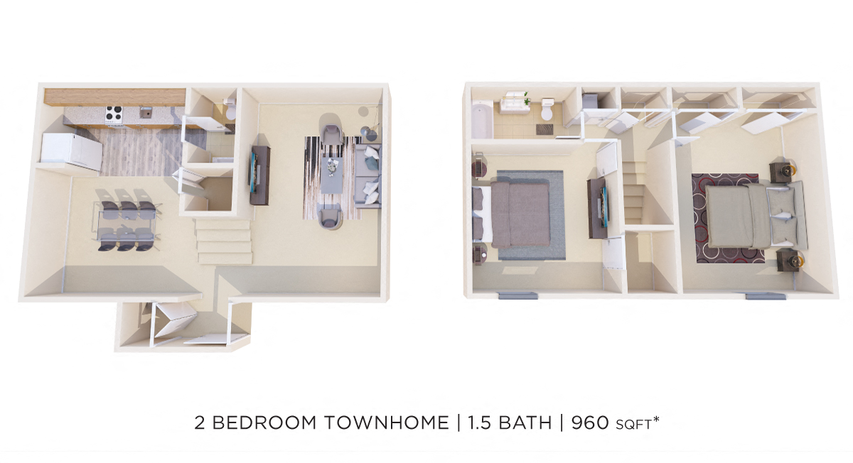 Floor plan for 2 beds, 1.5 baths, 960 sqft