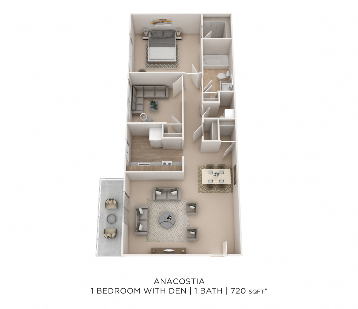 Floor plan for 1 bed, 1 bath, 720 sqft