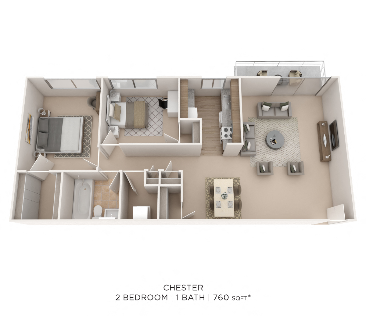 Floor plan for 2 beds, 1 bath, 760 sqft