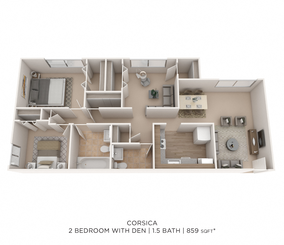 Floor plan for 2 beds, 1.5 baths, 859 sqft