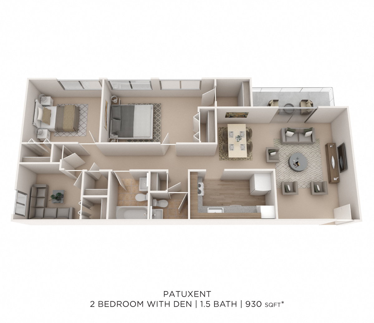 Floor plan for 2 beds, 1.5 baths, 930 sqft
