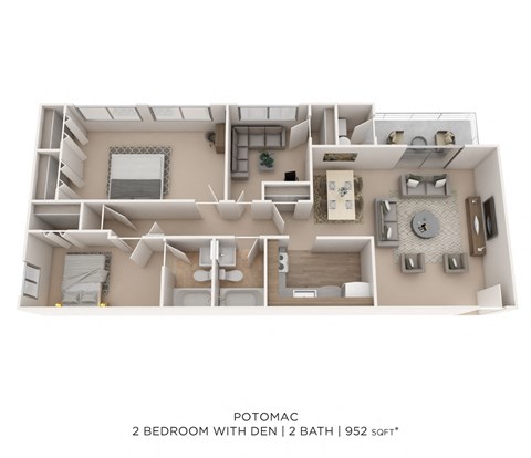 Floor plan for 2 beds, 2 baths, 952 sqft
