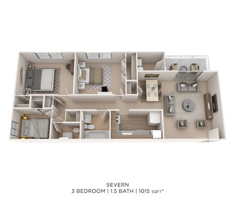 Floor plan for 3 beds, 1.5 baths, 1015 sqft