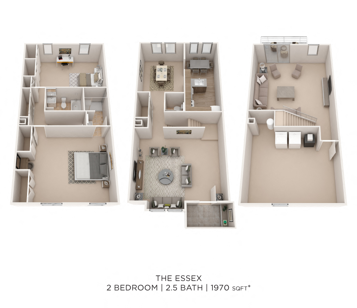 Floor plan for 2 beds, 2.5 baths, 1970 sqft