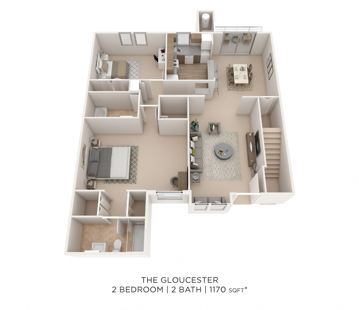 Floor plan for 2 beds, 2 baths, 1170 sqft