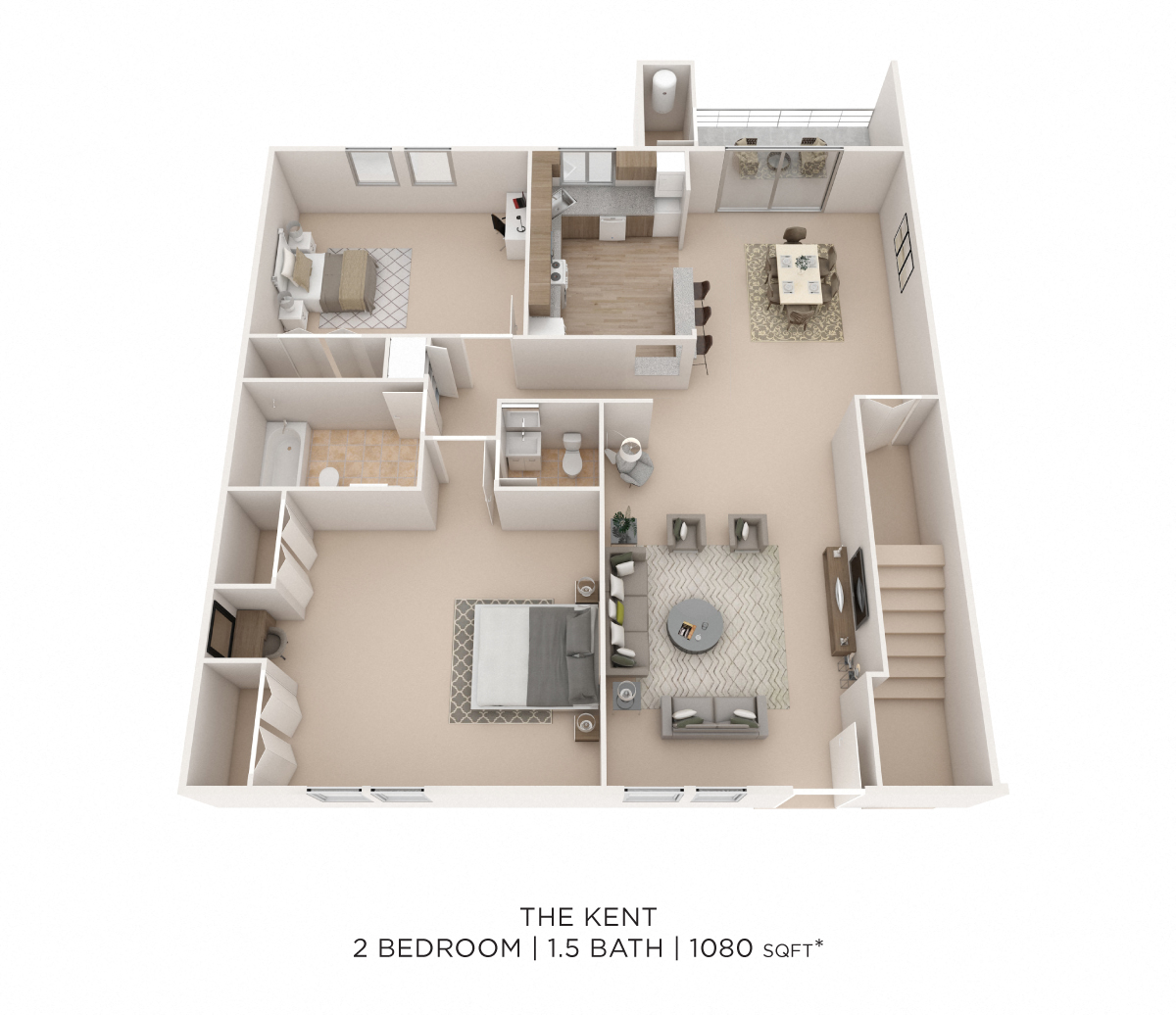 Floor plan for 2 beds, 1.5 baths, 1080 sqft