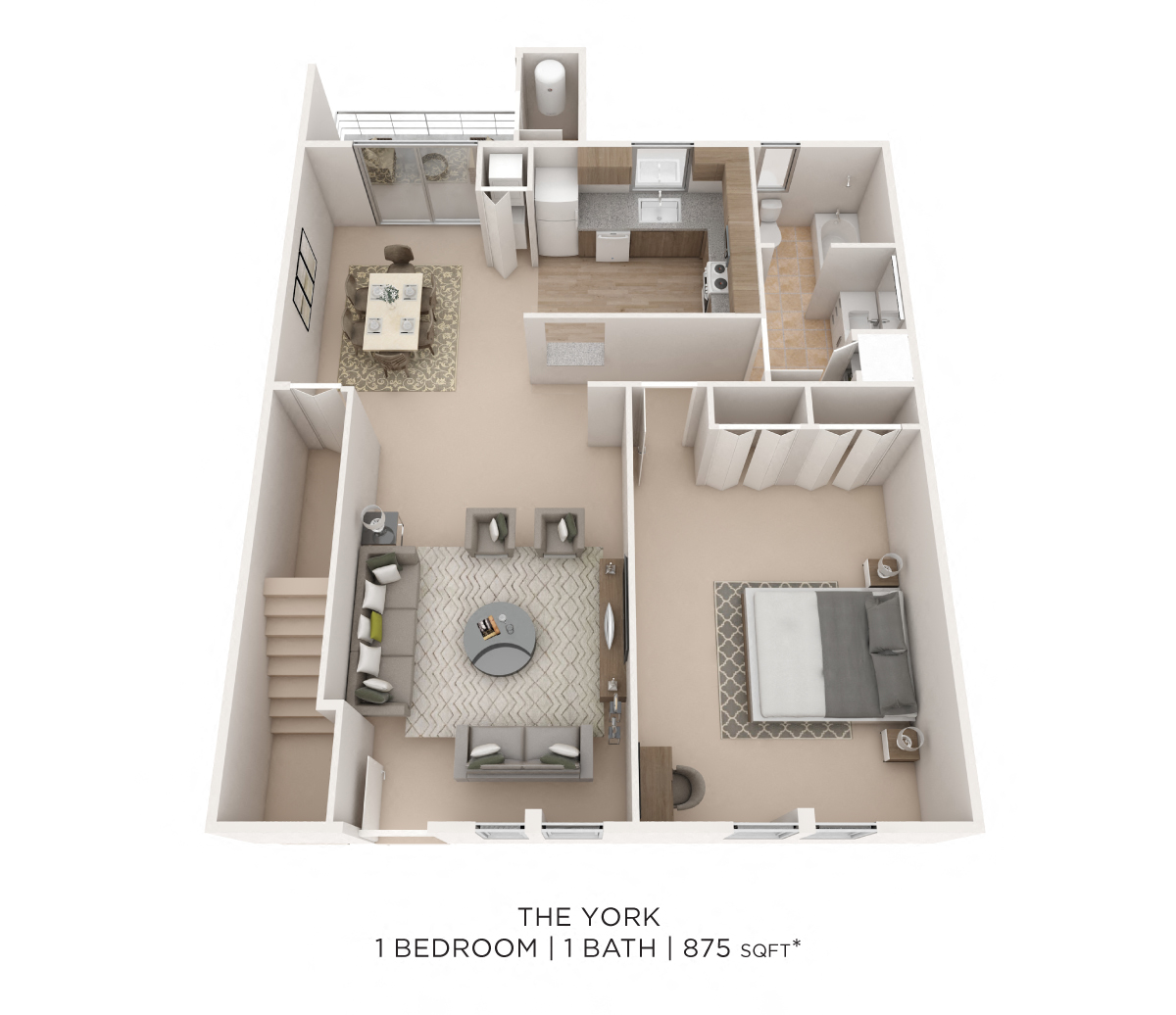 Floor plan for 1 bed, 1 bath, 875 sqft