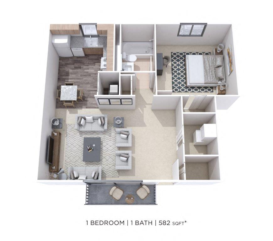 Floor plan for 1 bed, 1 bath, 582 sqft
