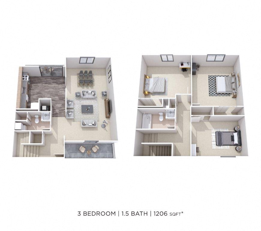 Floor plan for 3 beds, 1.5 baths, 1206 sqft