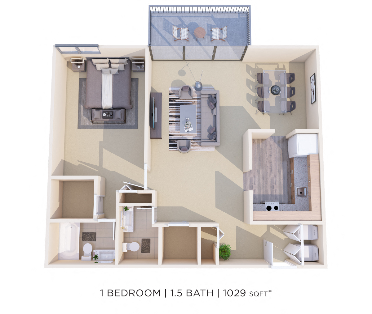 Floor plan for 1 bed, 1.5 baths, 1029 sqft