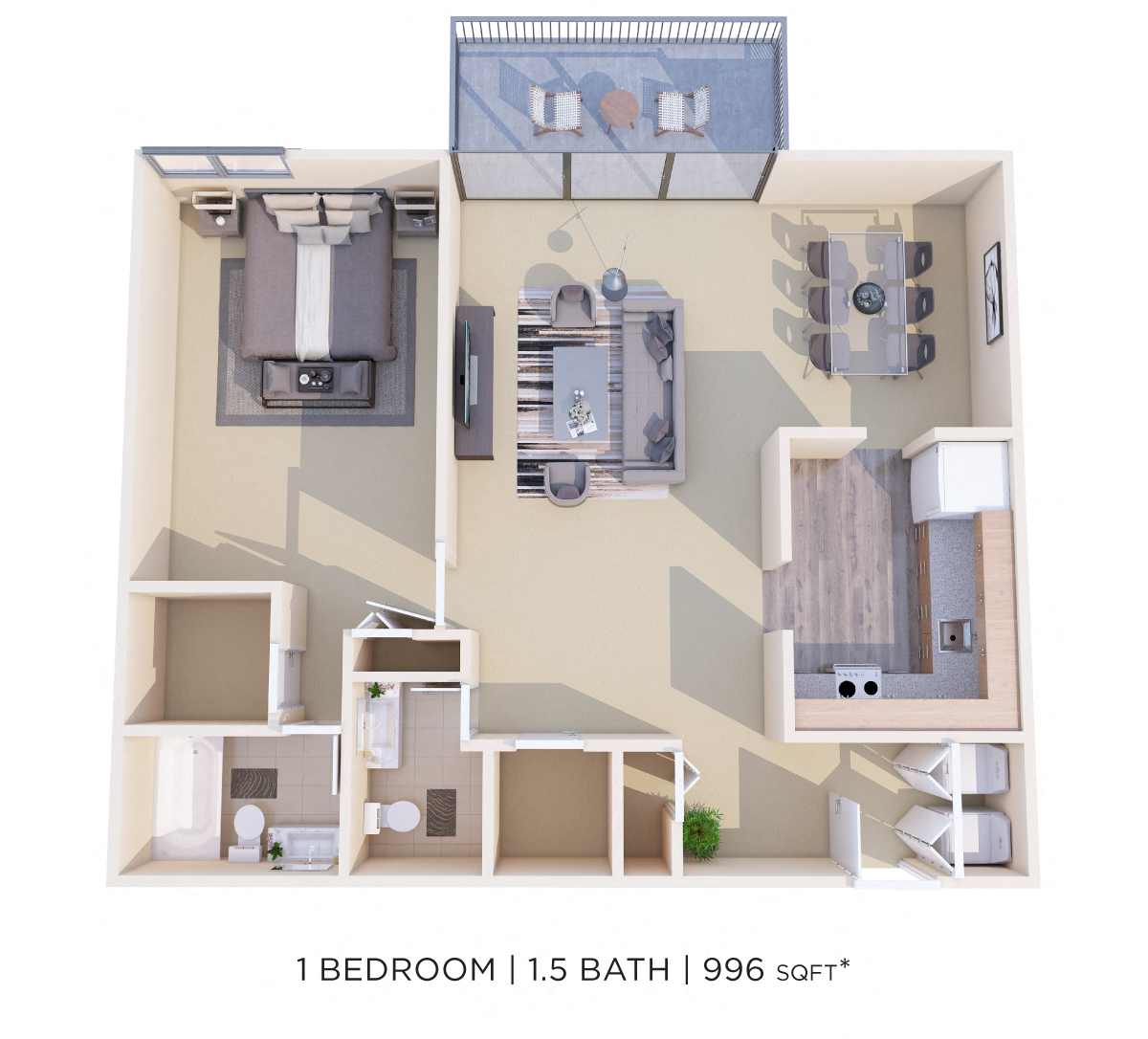 Floor plan for 1 bed, 1.5 baths, 990 sqft