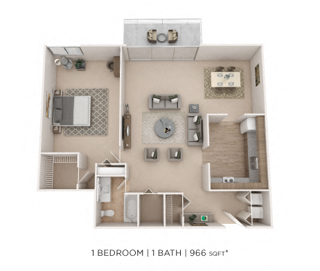 Floor plan for 1 bed, 1 bath, 966 sqft