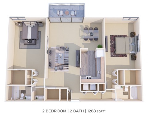 Floor plan for 2 beds, 2 baths, 1288 sqft