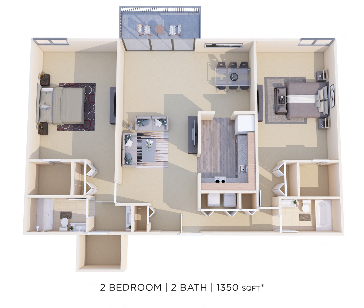 Floor plan for 2 beds, 2 baths, 1370 sqft