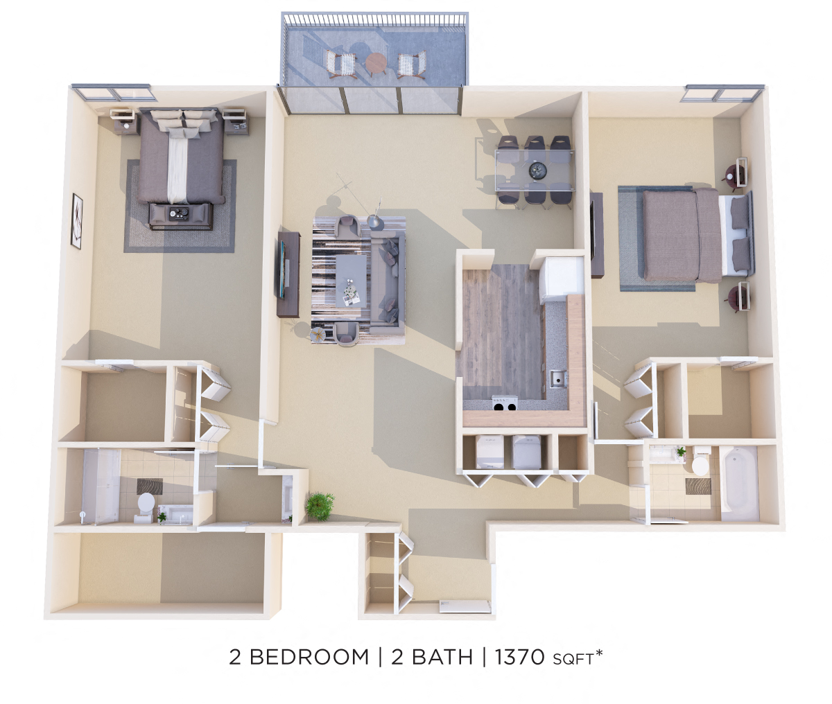 Floor plan for 2 beds, 2 baths, 1370 sqft