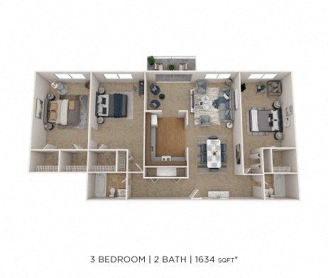 Floor plan for 3 beds, 2 baths, 1634 sqft