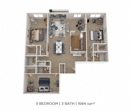 Floor plan for 3 beds, 3 baths, 1684 sqft